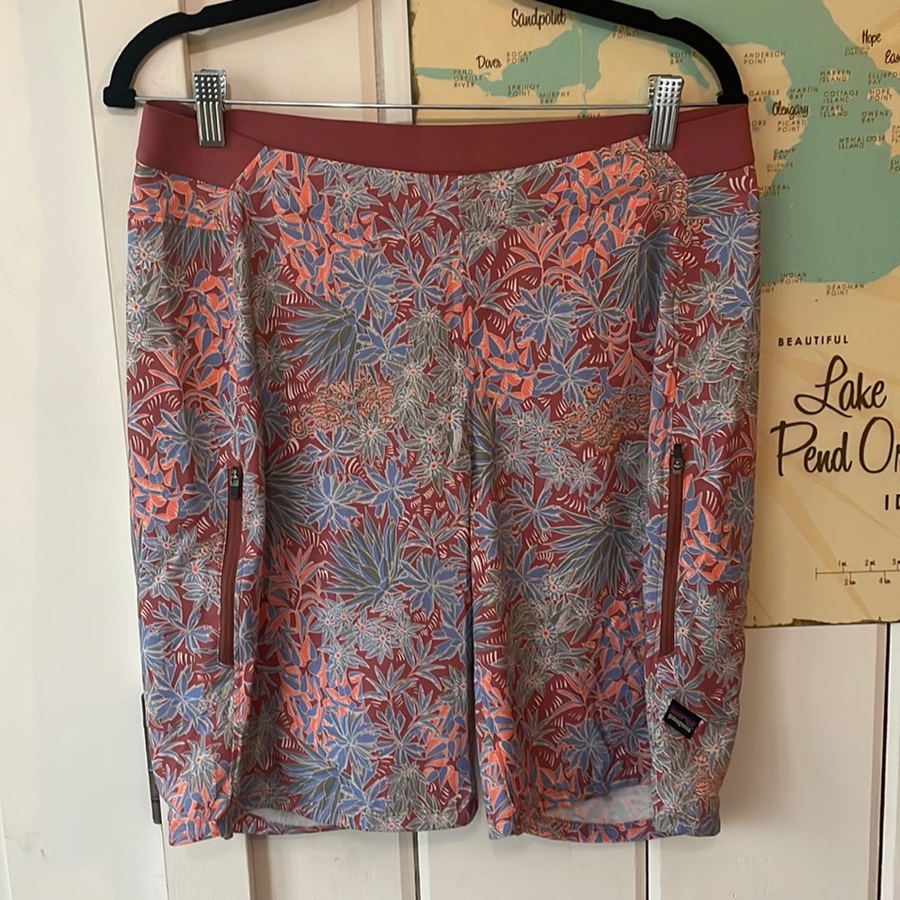Patagonia Women's Floral Bike Shorts in Rust Red & Light Blue